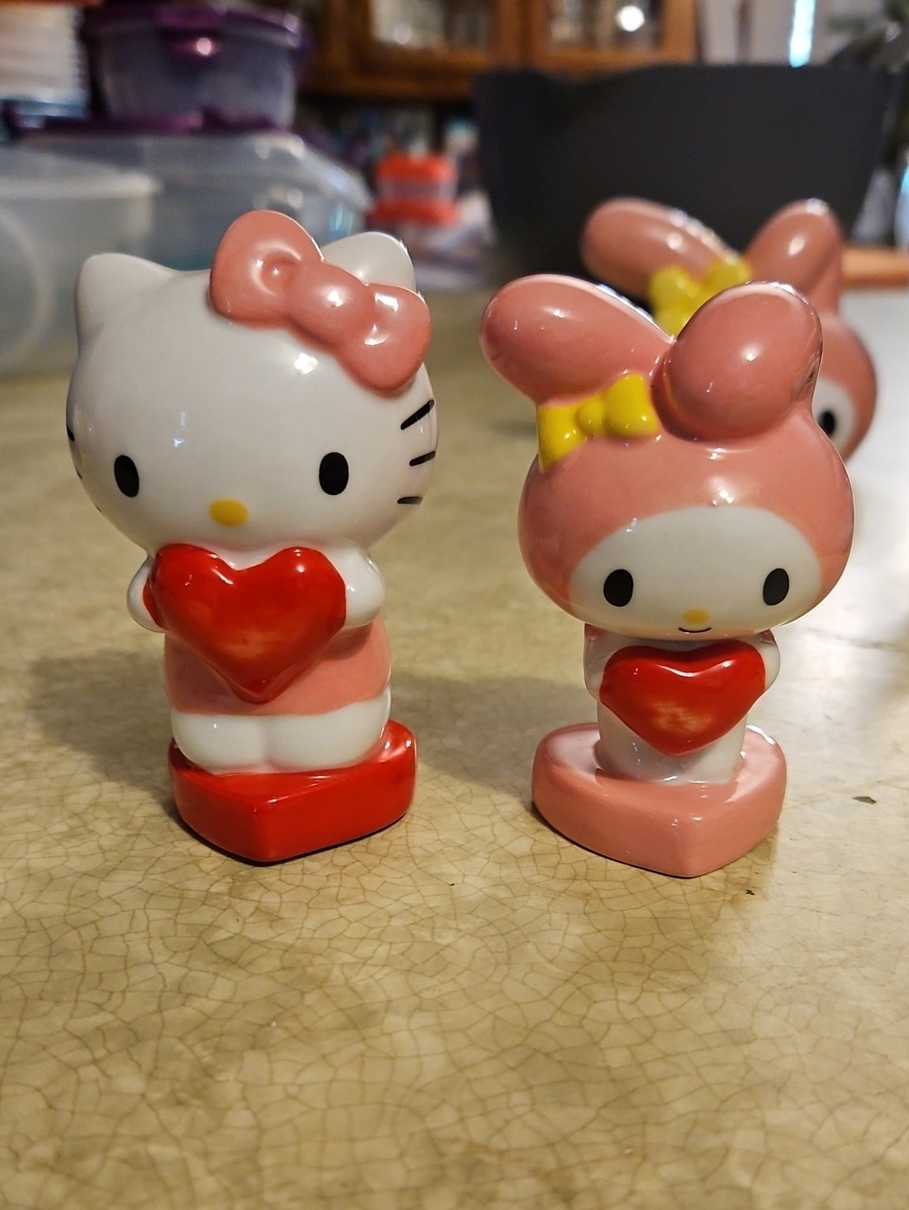 Sanrio Hello Kitty & My Melody Pink and Red Ceramic Salt And Pepper Shakers